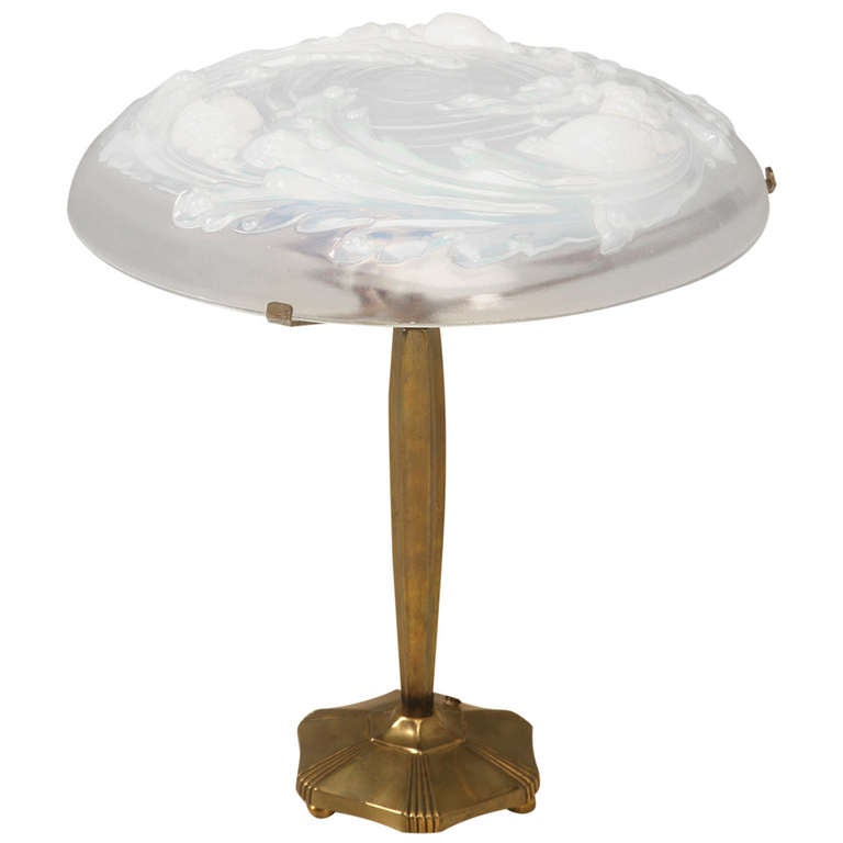 French Bronze Art Deco Table Lamp Signed by Leunox, France. Opaline Glass Shade