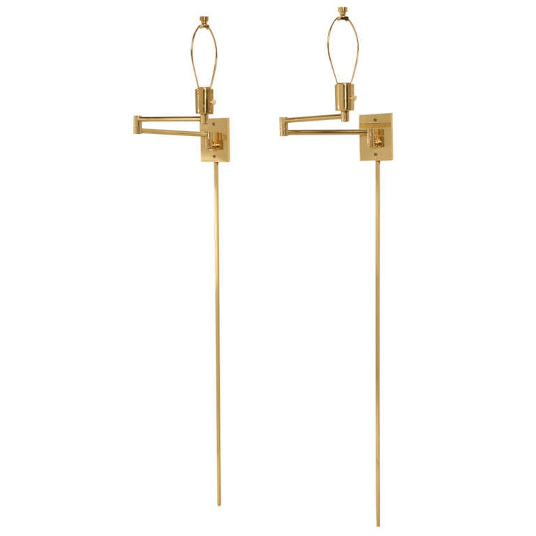 Pair Solid Brass Swing Arm Sconces by Hansen New York