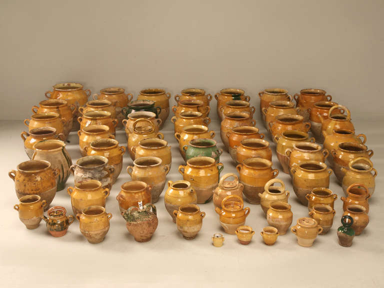 Collection of 63 Original Antique French Confit Pots & Cruche a Eau Water Jugs In Good Condition In Chicago, IL