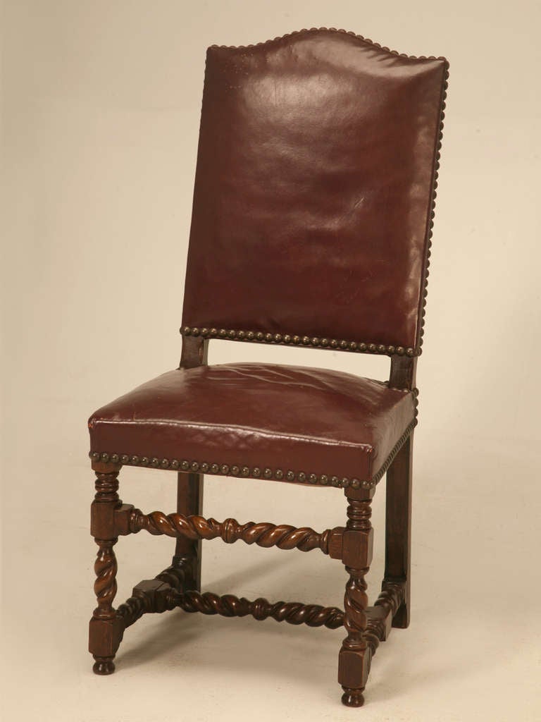 Set of Six French Leather Barley Twist Dining Chairs, Circa 1920's 3