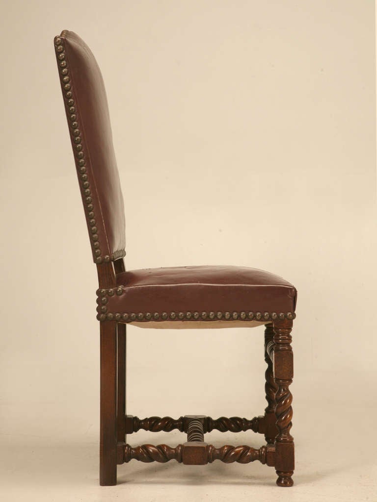 Set of Six French Leather Barley Twist Dining Chairs, Circa 1920's 4