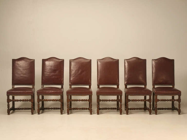 Set of Six French Leather Barley Twist Dining Chairs, Circa 1920's 6