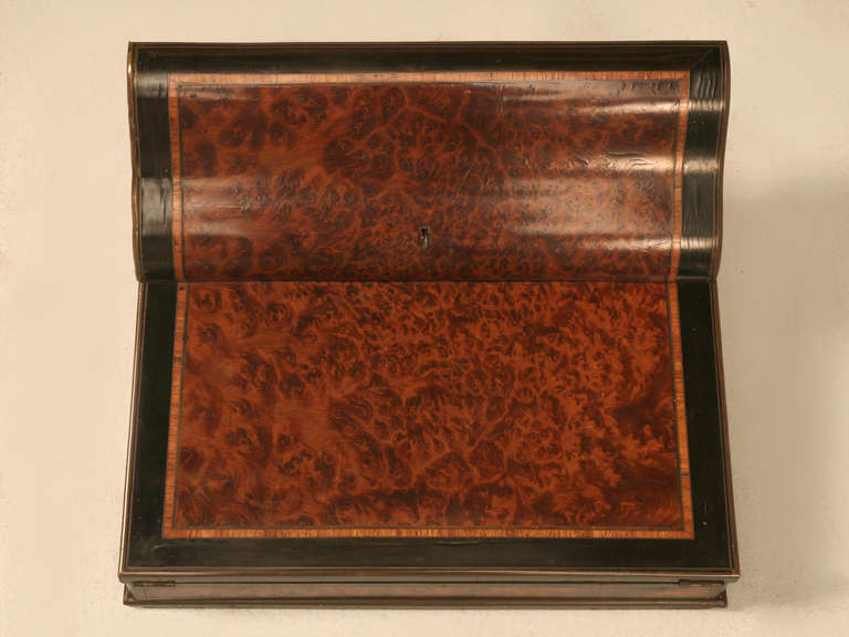 C1880-1900 Beautiful French burl elm secretary, with secondary woods of ebony, satin and an entire interior made from rosewood. Exterior trimmed in brass. Lovely un-restored all original condition.