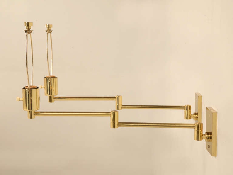 Pair Solid Brass Swing Arm Sconces by Hansen New York 1