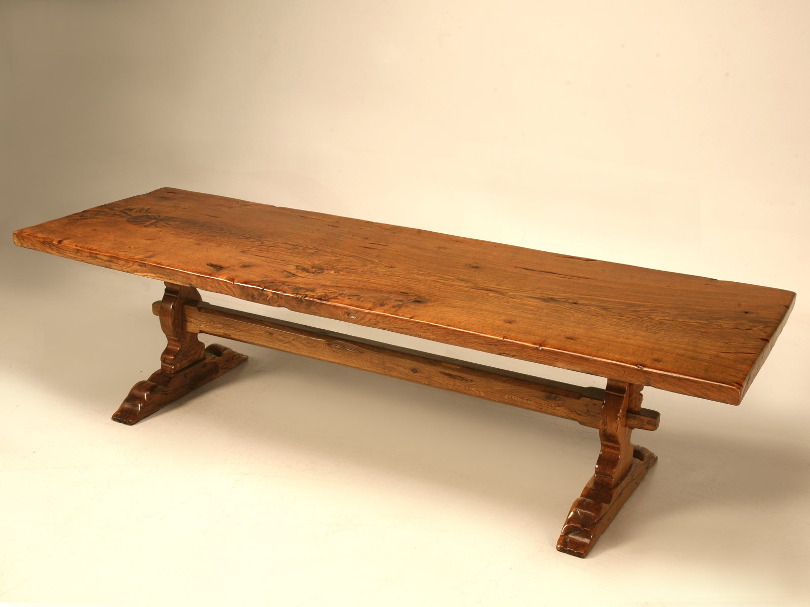 Spectacular Solid Antique French Oak One Board Top Trestle Farm Table