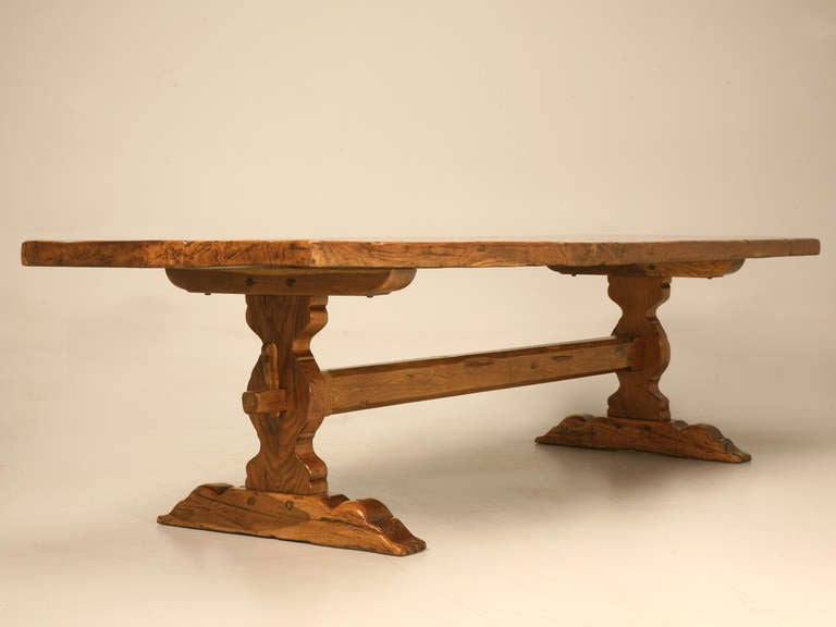 Spectacular Solid Antique French Oak One Board Top Trestle Farm Table 3