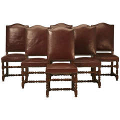 Antique Set of Six French Leather Barley Twist Dining Chairs, Circa 1920's