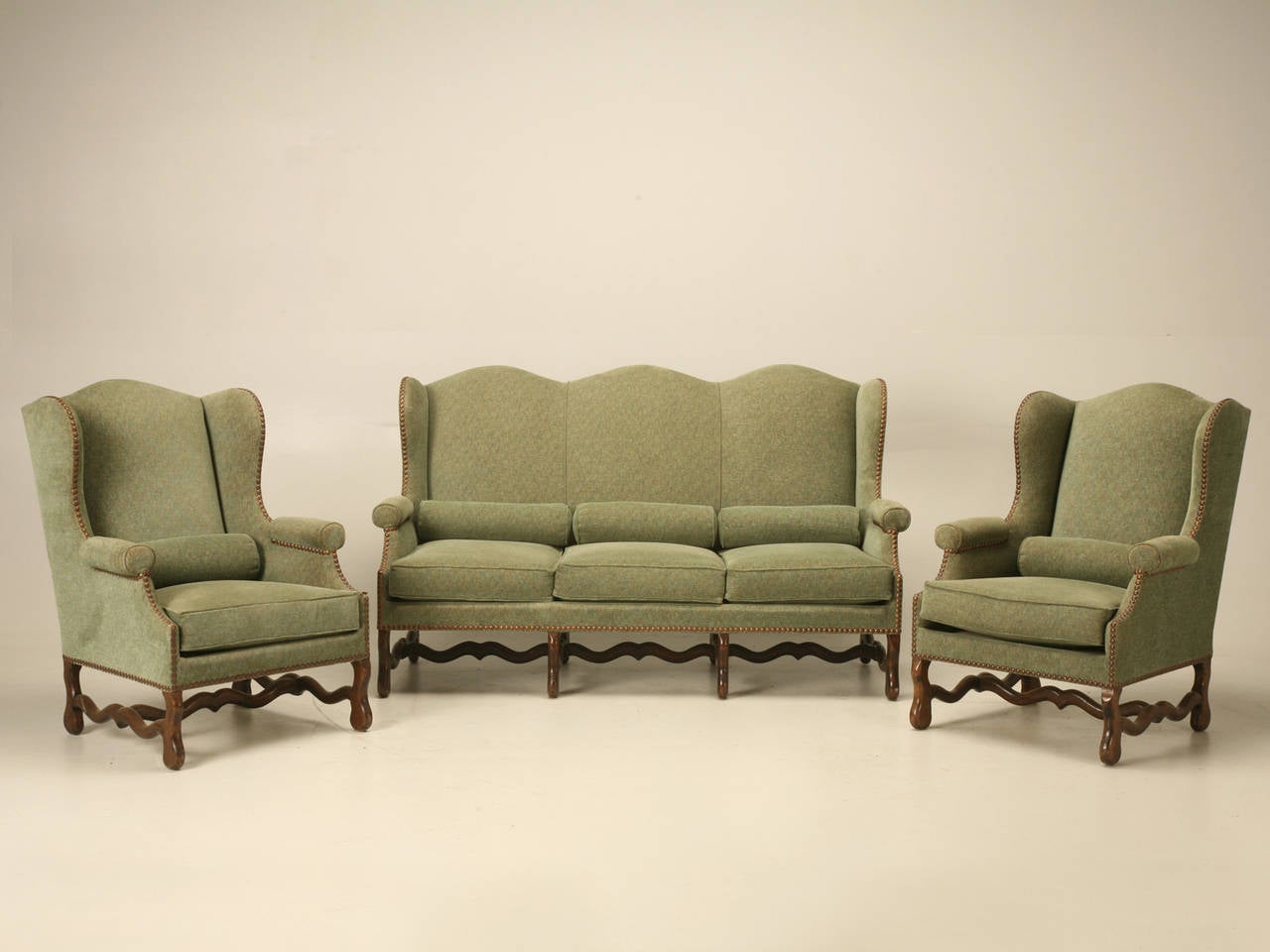 Vintage French Pair of Os de Mouton Wingback Armchairs 4