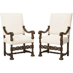 Pair of Hand-Carved French Walnut Throne Chairs