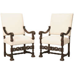 Antique Pair of Hand-Carved French White Oak Throne Chairs