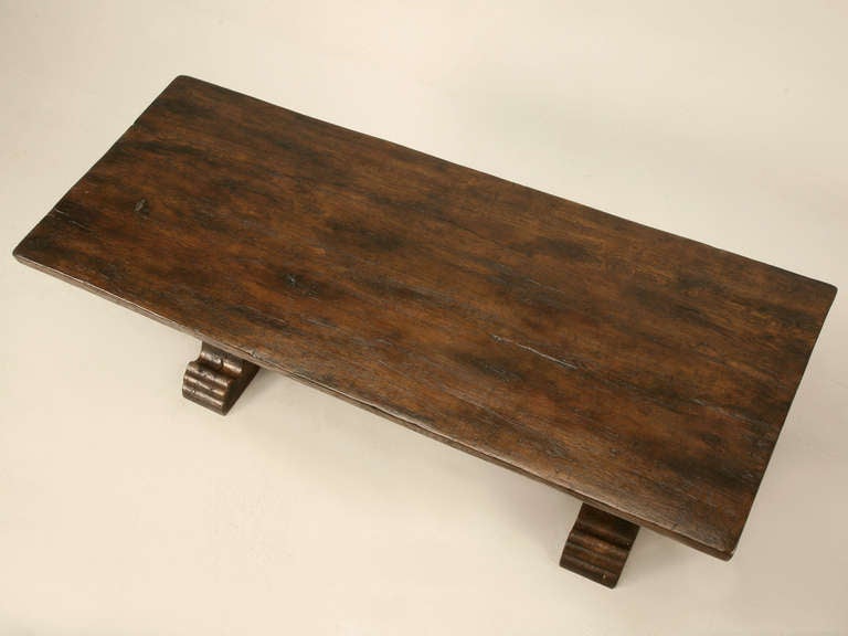 Rustic Antique French Solid Oak Farm Table w/Trestle Base In Excellent Condition In Chicago, IL