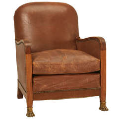 Circa 1940's French Leather Club Chair with Unusual Paw Feet