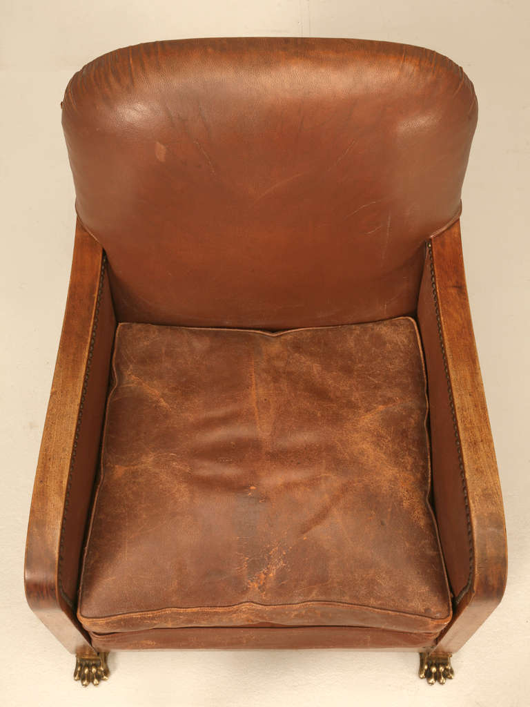 Mid-20th Century Circa 1940's French Leather Club Chair with Unusual Paw Feet