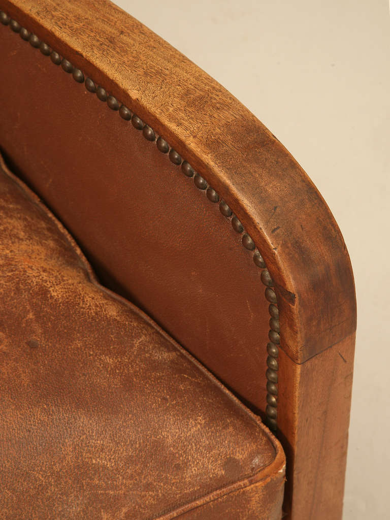Walnut Circa 1940's French Leather Club Chair with Unusual Paw Feet