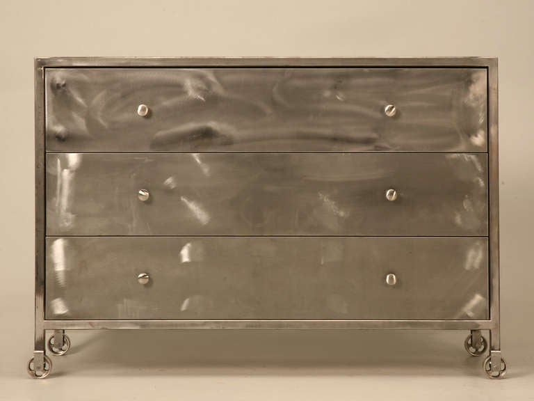 Custom hand fabricated steel chest of drawers available in any size or configuration. We will even produce it in brass or bronze should you like. Available with brass, or nickel casters, functioning, or locked in place. We have also made them with