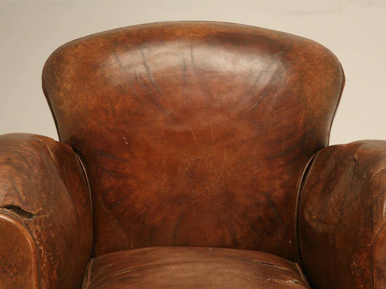 French Art Deco Leather Club Chairs, Unrestored In Distressed Condition In Chicago, IL