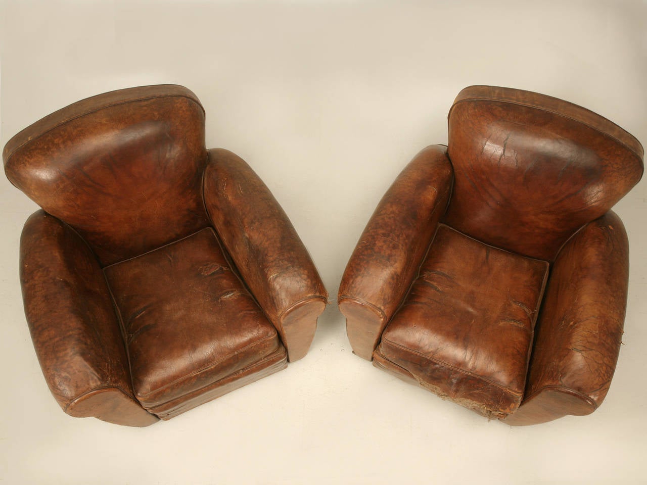 French Art Deco Leather Club Chairs, Unrestored 1