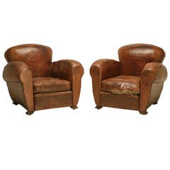 French Art Deco Leather Club Chairs, Unrestored
