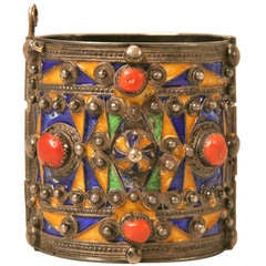 Opulent Antique Morrocan Cuff Bracelet w/Cabochons & Enamel