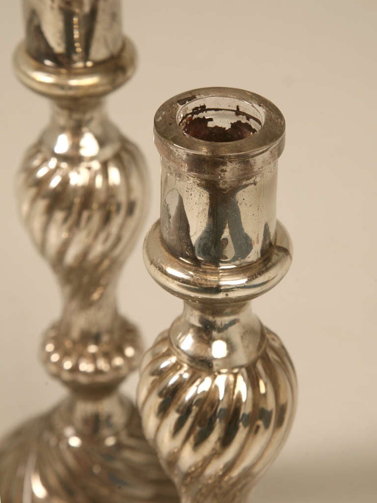 French Pair Mercury Glass Spiral Twist Candlesticks