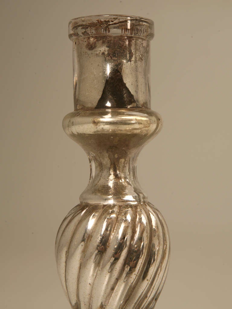 Pair Mercury Glass Spiral Twist Candlesticks In Good Condition In Chicago, IL