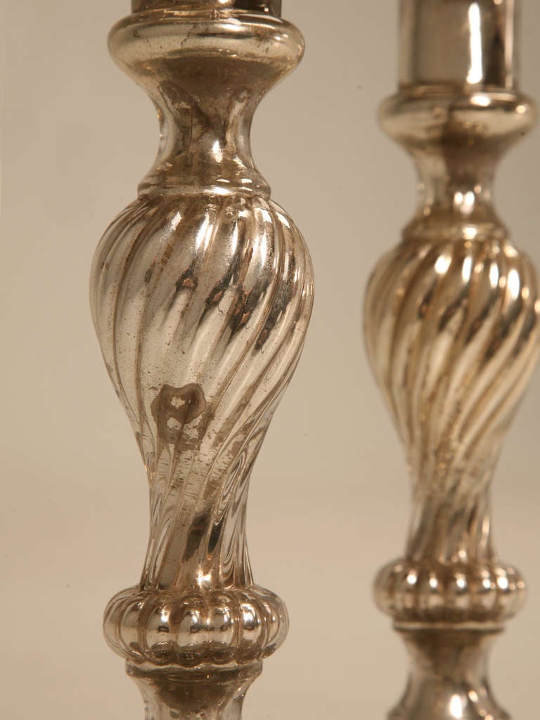 19th Century Pair Mercury Glass Spiral Twist Candlesticks