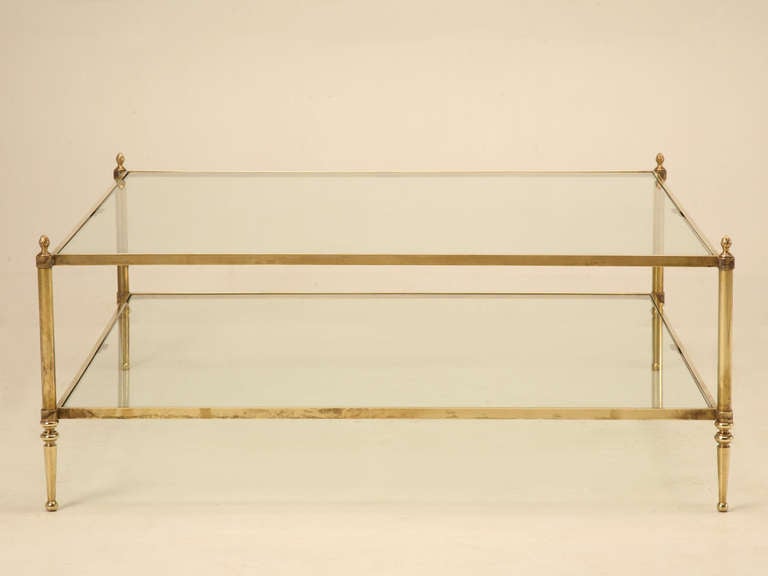 Huge Square Brass and Glass Vintage French Coffee Table, circa 1970s