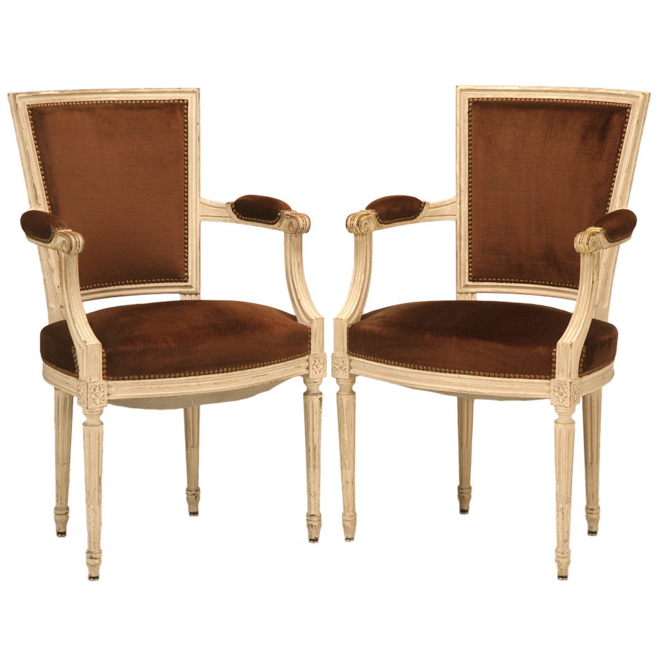 Striking Pair of Original Antique French Louis XVI Arm Chairs/Fauteuils