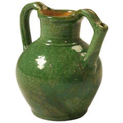 Antique French Cruche a Eau Green Over Yellow Glazed Water Pitcher