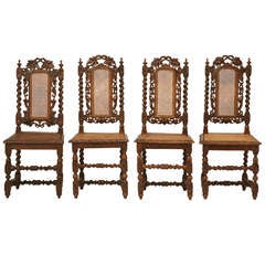 Set of 4 Antique French Henri II Heavily Carved Side Chairs