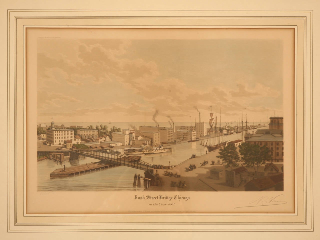 American Raoul Varin Signed Aquatint of Chicago Rush Street Bridge, 1861