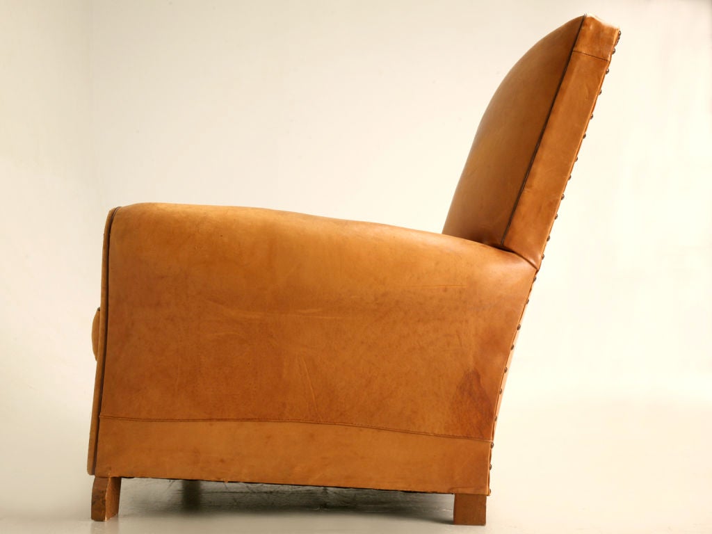 French c.1930 Original Vachetta Leather Club Chair w/Moustache Back