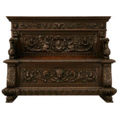 c.1880 French Oak & Walnut Hand-Carved Figural Box Seated Settle