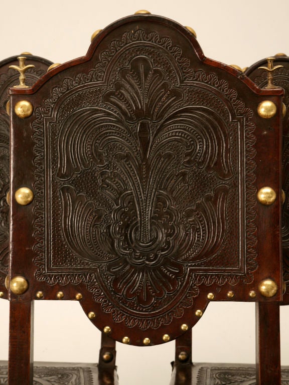 c.1890 Set of 6 Spanish Original Tooled Leather Side Chairs