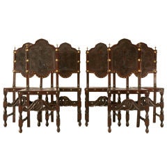 c.1890 Set of 6 Spanish Original Tooled Leather Side Chairs