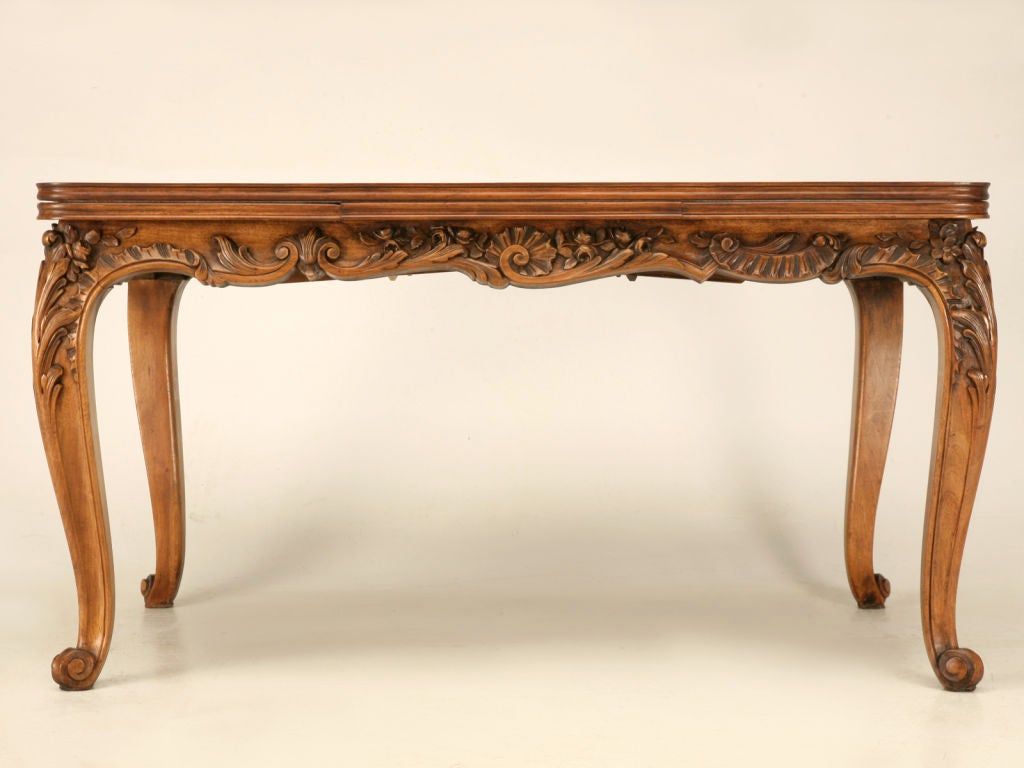 Circa 1920 French Heavily Carved Walnut Draw-Leaf Dining Table 1