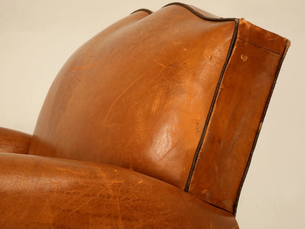 Circa 1930 French Original Leather Club Chair with Moustache Back 1