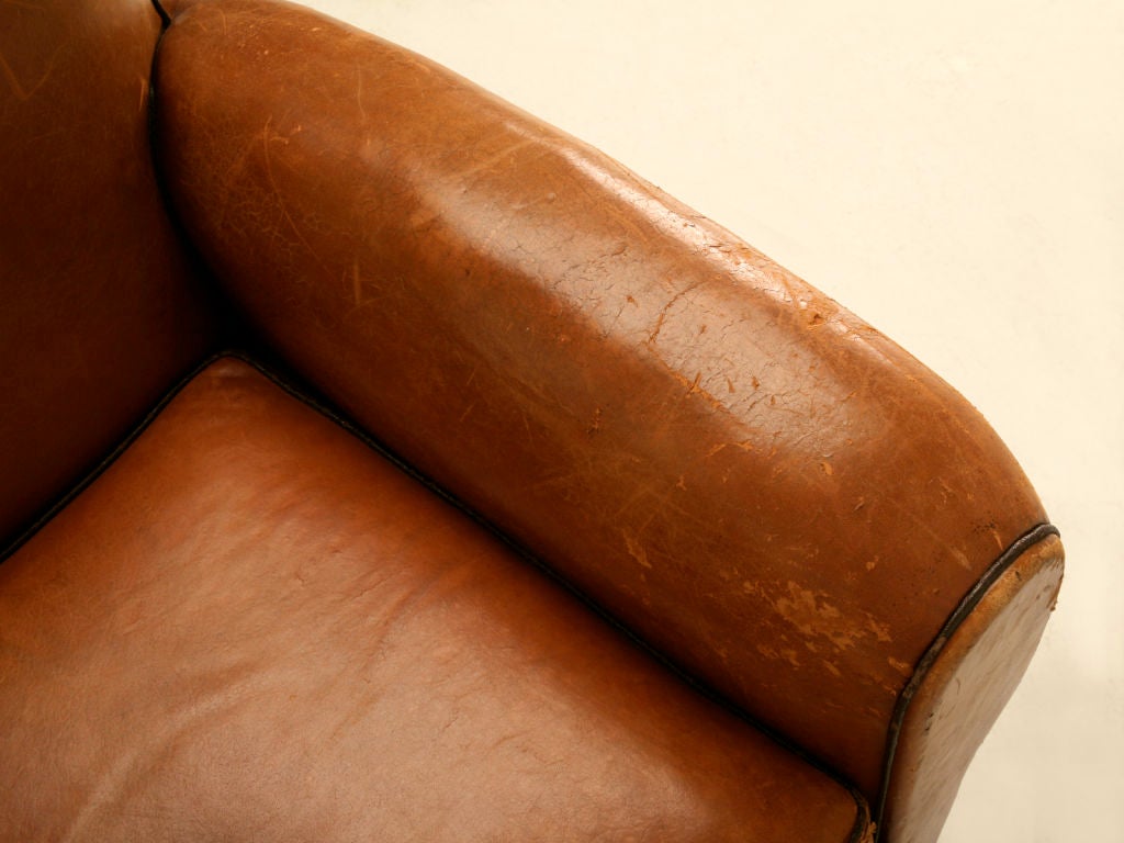 Circa 1930 French Original Leather Club Chair with Moustache Back 3
