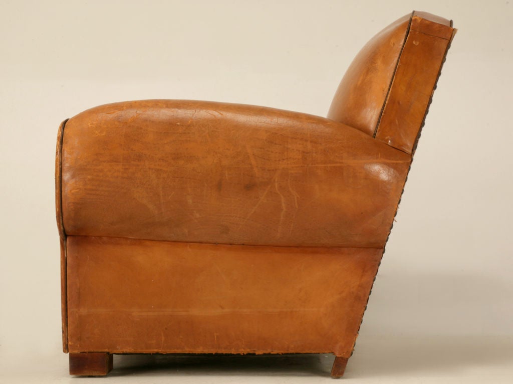 Circa 1930 French Original Leather Club Chair with Moustache Back 5