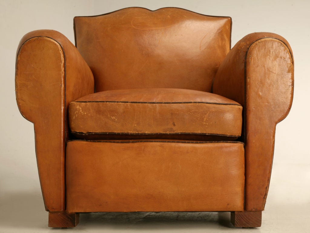Circa 1930 French Original Leather Club Chair with Moustache Back 6
