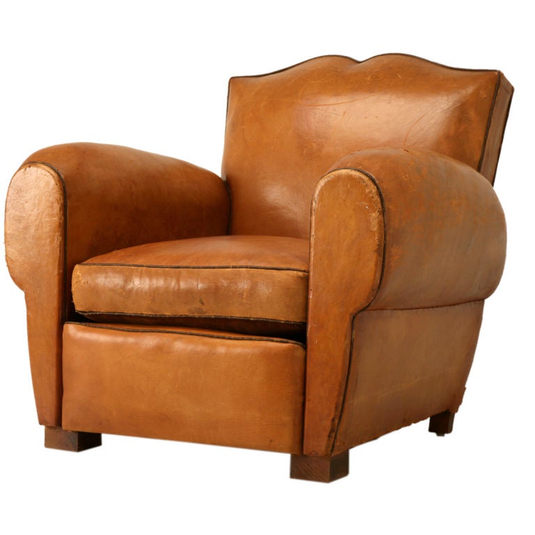 Circa 1930 French Original Leather Club Chair with Moustache Back