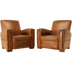 Circa 1930's Pair of  Original French Leather Art Deco Club Chairs