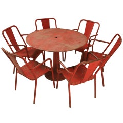 French 1950's Steel Garden Table and Six Chairs with Arms in Original Paint