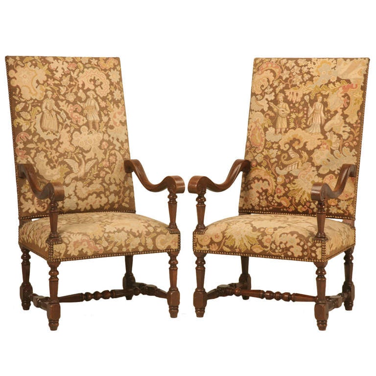 Impressive Pr of Antique French Louis XIII Needlepoint Throne/Dining