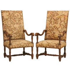 Impressive Pr of Antique French Louis XIII Needlepoint Throne/Dining Chairs 2/4
