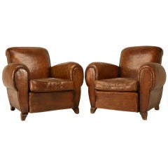Circa 1940 Pair of Vintage French Original Leather Club Chairs