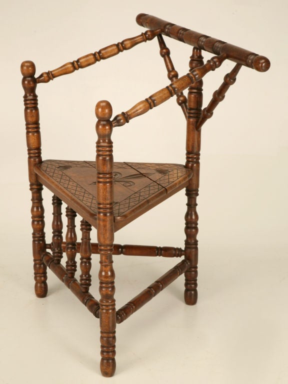 Unique Vintage French Folk Art 3 Legged Chair w/Fleur de Lys