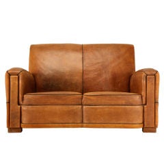 Rare French Art Deco "Club" Style Settee with Original Leather