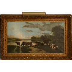 Original 19th Century Oil on Canvas "Moonlit Pasture" Scene