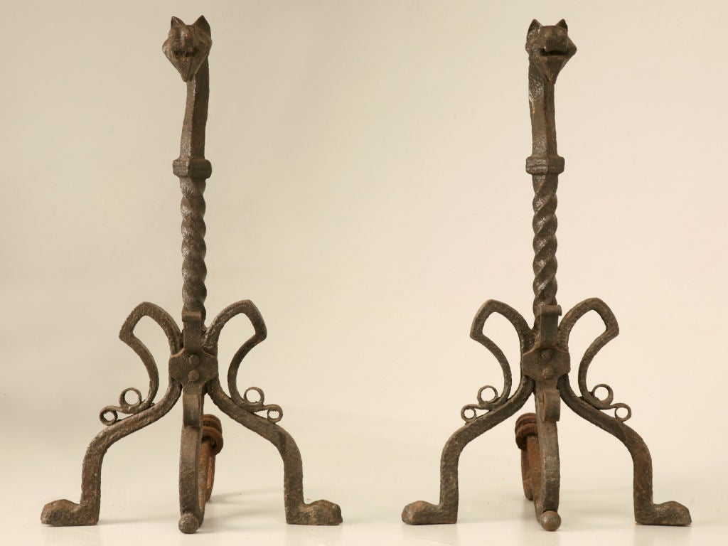 Circa 1890 Pair of French Hand-Forged Iron Dragon-Form Andirons